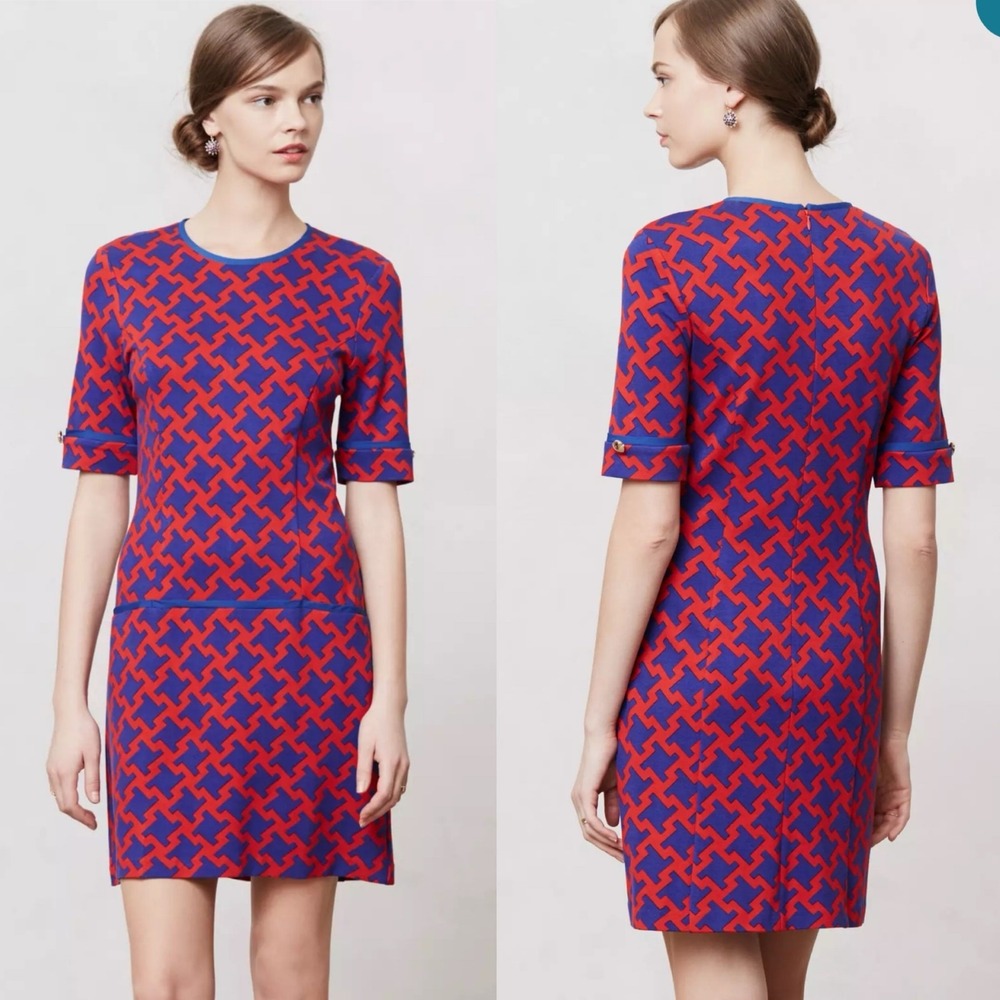 Anthropologie / Karen Walker Navy Red‎ Houndstooth Drop Waist Mini Dress -  6